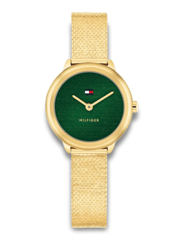 Ur med grøn urskive, Tommy Hilfiger logo, guldfarvet tekstureret urkasse og lænke.