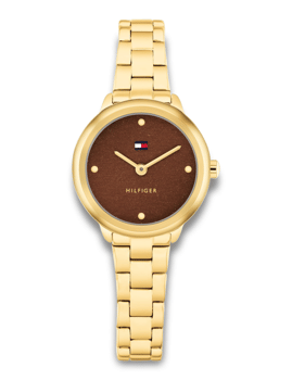 Tommy Hilfiger ur med gylden lænke, brun urskive og logo.