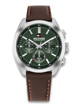 Grøn urskive, sølvkasse, brun rem. Tekst: "HILFIGER", "CHRONOGRAPH". Tre knapper på siden.