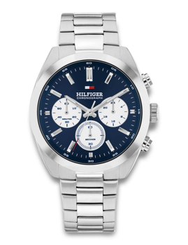 Tommy Hilfiger ur med metal lænke, blå urskive, tre sub-dials og logo.