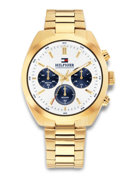 Guld-farvet Tommy Hilfiger ur med metalrem, tre sub-dials og "HILFIGER" på urskiven.