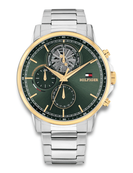 Tommy Hilfiger ur med grøn urskive, guld-tone bezel, subskiver og metallisk rem.