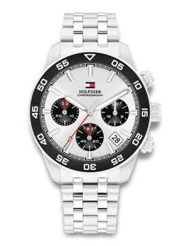 Armbåndsur med metal lænke, urskive med tre sub-urskiver, tekst "HILFIGER CHRONOGRAPH" og dato.
