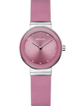 Pink Bering dameur med pink urskive og rem, sølvmarkeringer og urkasse.