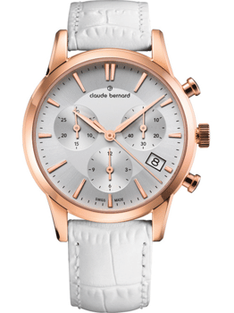 Claude Bernard dameur med rosaguld urkasse, tre subdials, datovisning og hvid teksturrem.