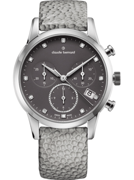 Claude Bernard dameur med grå urskive, tre subdials, dato ved kl. 4 og tekstureret rem.