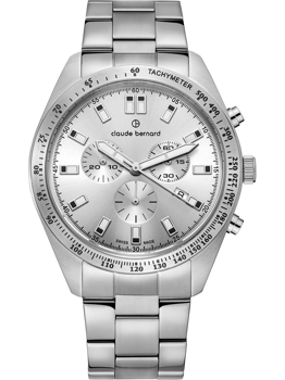 Claude Bernard ur med tre subskiver, tachymeter-skala og metalrem.
