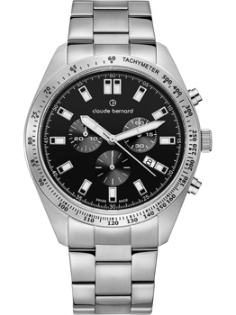 Sort urskive med tre kronografskiver, tachymeter-skala og metalrem.