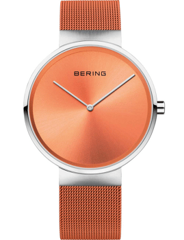 Orange urskive med solstråleeffekt, matchende mesh-rem og "BERING" på urskiven.