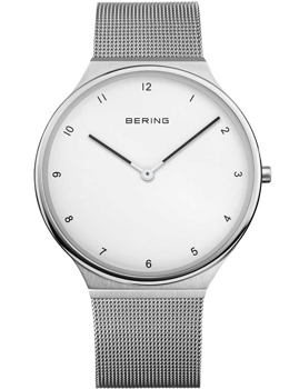 Bering 18440-004 ur med hvid urskive, sorte visere og sølv mesh-rem.