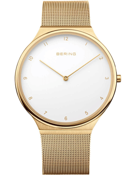 Hvid urskive, guld visere/markeringer, guldmesh-rem, "BERING" branding.