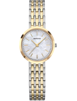 Rund urskive med guldvisere, guld-sølv armbånd og "BERING" logo.