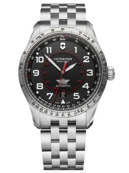 Victorinox Airboss ur med sort urskive, metalrem og tydelige tal i 12- og 24-timers format.