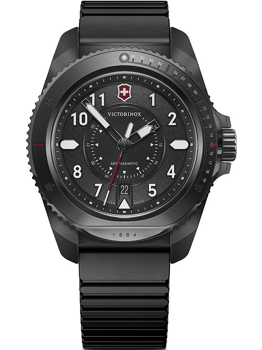 Sort Victorinox ur med store tal, roterende bezel, og dato ved kl. 6. Robust design med sort rem.