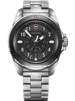 Victorinox ur med mørk urskive, logo, "ANTIMAGNETIC," "1884," datovisning kl. 6, drejelig krans.