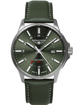 Ur med grøn urskive, "bauhaus aviation," GMT, 12/24-timers markeringer, datovindue kl. 3.