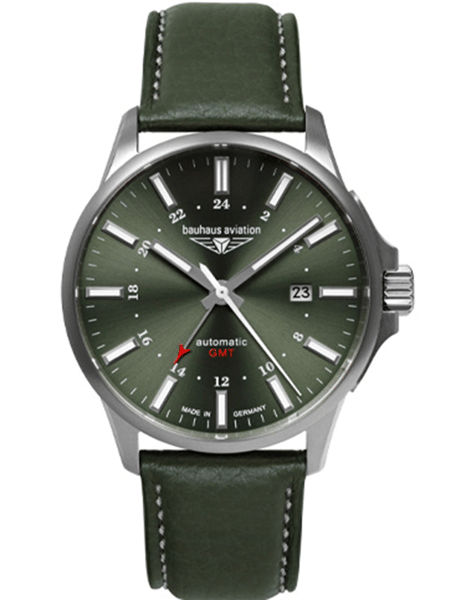 Ur med grøn urskive, "bauhaus aviation," GMT, 12/24-timers markeringer, datovindue kl. 3.