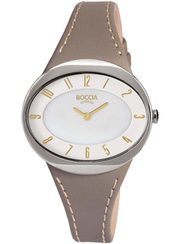Dameur med rund urskive, guld tal/visere, brun rem. Tekst: "BOCCIA" og "TITANIUM".
