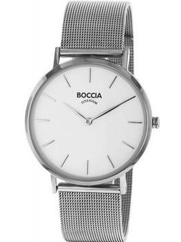 Rundt dameur med hvid urskive, minimalistiske markører, metal mesh rem, mærket "BOCCIA TITANIUM".
