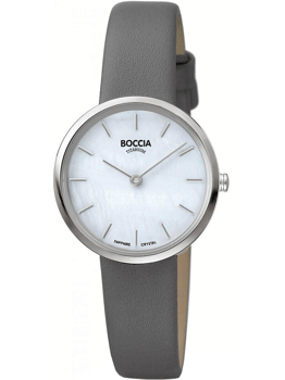 Rundt dameur med hvid skive, minimalistiske markeringer, gråt urrem, teksten "BOCCIA TITANIUM".