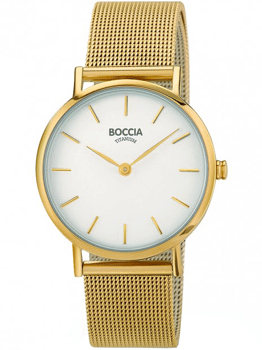 Rundt armbåndsur i guld med mesh-rem, minimalistisk urskive. Tekst: "BOCCIA" og "TITANIUM".