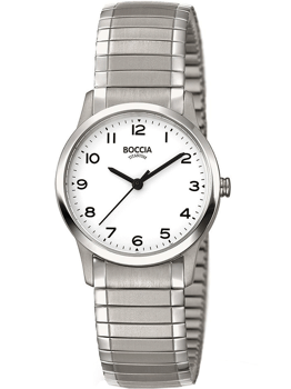 Boccia dameur med hvid urskive, arabiske tal, titanium urkasse og metalrem. Mærker: BOCCIA, TITANIUM.