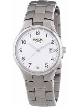 Boccia dameur med hvid skive, sorte tal, sølv visere, datovisning kl. 3 og sølv metalarmbånd.