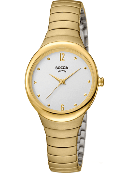 Rundt dameur med guldmarkeringer, tal ved 12 og 6. Guld armbånd, tekst: "BOCCIA", "TITANIUM".
