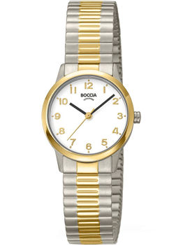 Hvid urskive, guldfarvede timemarkører, to-tonet sølv/guld armbånd, guld bezel.