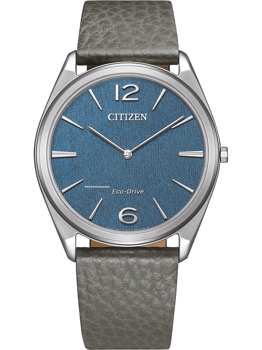 Blåt tekstureret urskive med sølvmarkeringer. Gråt læderrem. "CITIZEN" og "Eco-Drive" synligt.