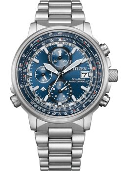 Blå urskive, sølvvisere, Eco-Drive, Radio Controlled. Metalrem. Citizen AT8300-58L Promaster Sky.