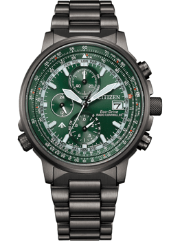 Grøn urskive med subdials, datovisning til højre, Eco-Drive og Radio Controlled funktioner.