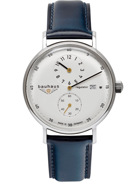 Bauhaus herreur med hvid urskive, sorte tal, guldvisere, datovisning og blå læderrem.