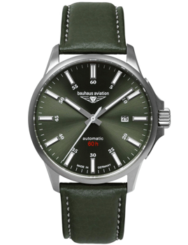 Grøn urskive og rem, datovisning kl. 3, markante timemarkører, "bauhaus aviation," "automatic 60 h".