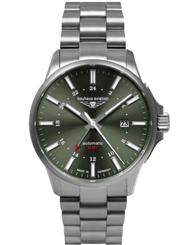 Ur med grøn urskive, metalrem, 12/24-timers markering, datovisning kl. 3, "automatic GMT" tekst.