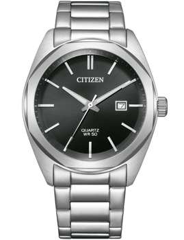 Citizen herreur med sort skive, sølvmarkeringer, datofelt kl. 3, tekst "QUARTZ WR 50", 5 ATM.