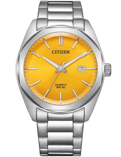 Citizen herreur med gul urskive, metalarmbånd, "CITIZEN" logo, WR 50, og datovindue kl. 3.