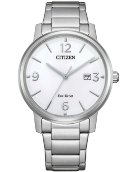 Citizen herreur med hvid skive, sølvmarkeringer, dato ved 3, og "Eco-Drive" tekst.