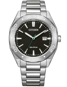 Citizen herreur med sort urskive, sølvmarkeringer, datovisning kl. 3 og metalrem. Eco-Drive teknologi.
