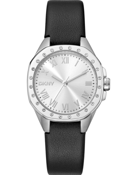 Rundt armbåndsur med sølvskive, romertal, sort rem, metallisk kant med sten og "DKNY" på skiven.