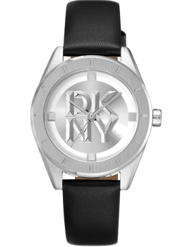 Dameur med sølvkasse, stort DKNY-logo på urskiven og sort læderrem.