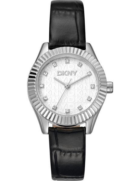 DKNY dameur med sort rem, rillet bezel og stendekoreret skive ved hver timeposition.
