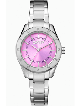 DKNY dameur med pink urskive, to-tonet metalrem og krans indgraveret med "DKNY".