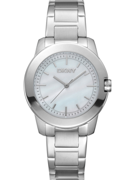 Sølvfarvet DKNY dameur med minimalistisk urskive, DKNY-logo og metalarmbånd med led.