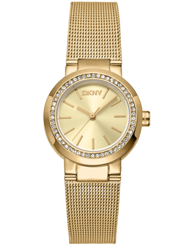 DKNY dameur med guld urskive, stenbesat bezel og guld mesh-armbånd.