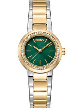 Elegant DKNY dameur med to-tonet armbånd, grøn urskive og stendekoreret ramme.