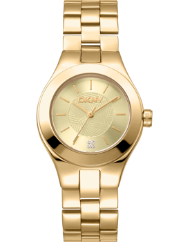 DKNY guldur med geometrisk mønster, DKNY-logo og to små sten ved bunden af urskiven.