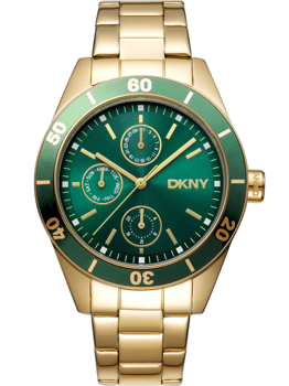 Guldarmbåndsur med grøn urskive, tre sub-dials og roterende bezel med talmarkeringer 0-60.
