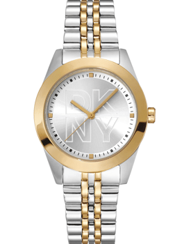 DKNY dameur med to-tonet urkasse, sølv urskive, DKNY-logo og to-tonet rem med guld- og sølvled.
