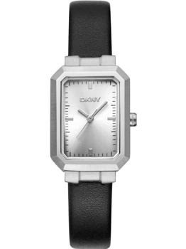 DKNY armbåndsur med sølv rektangulært urhus, minimalistisk urskive og sort rem.